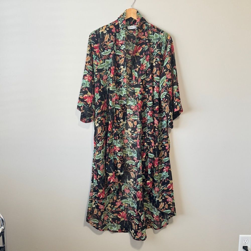 Floral Open Front Duster Kimono Black Botanical Boho Maxi Layering Cardigan - Picture 2 of 7